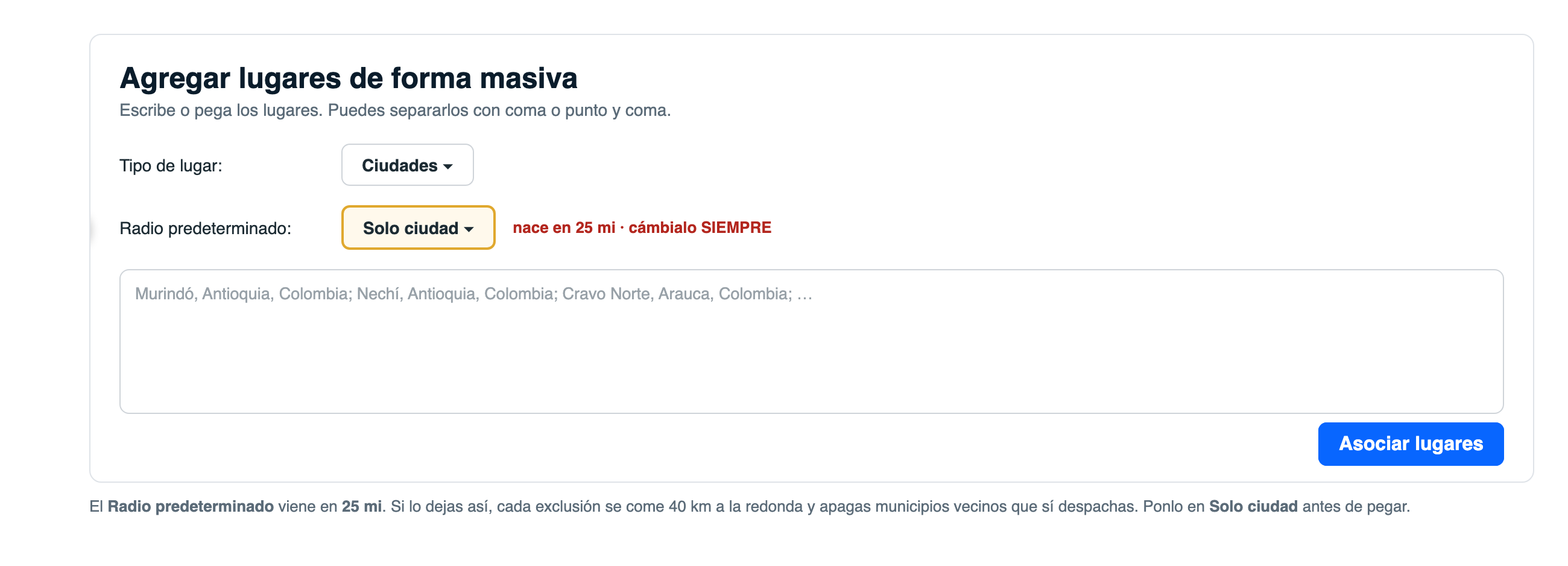 Cuadro Agregar lugares de forma masiva con Tipo de lugar en Ciudades y Radio en Solo ciudad